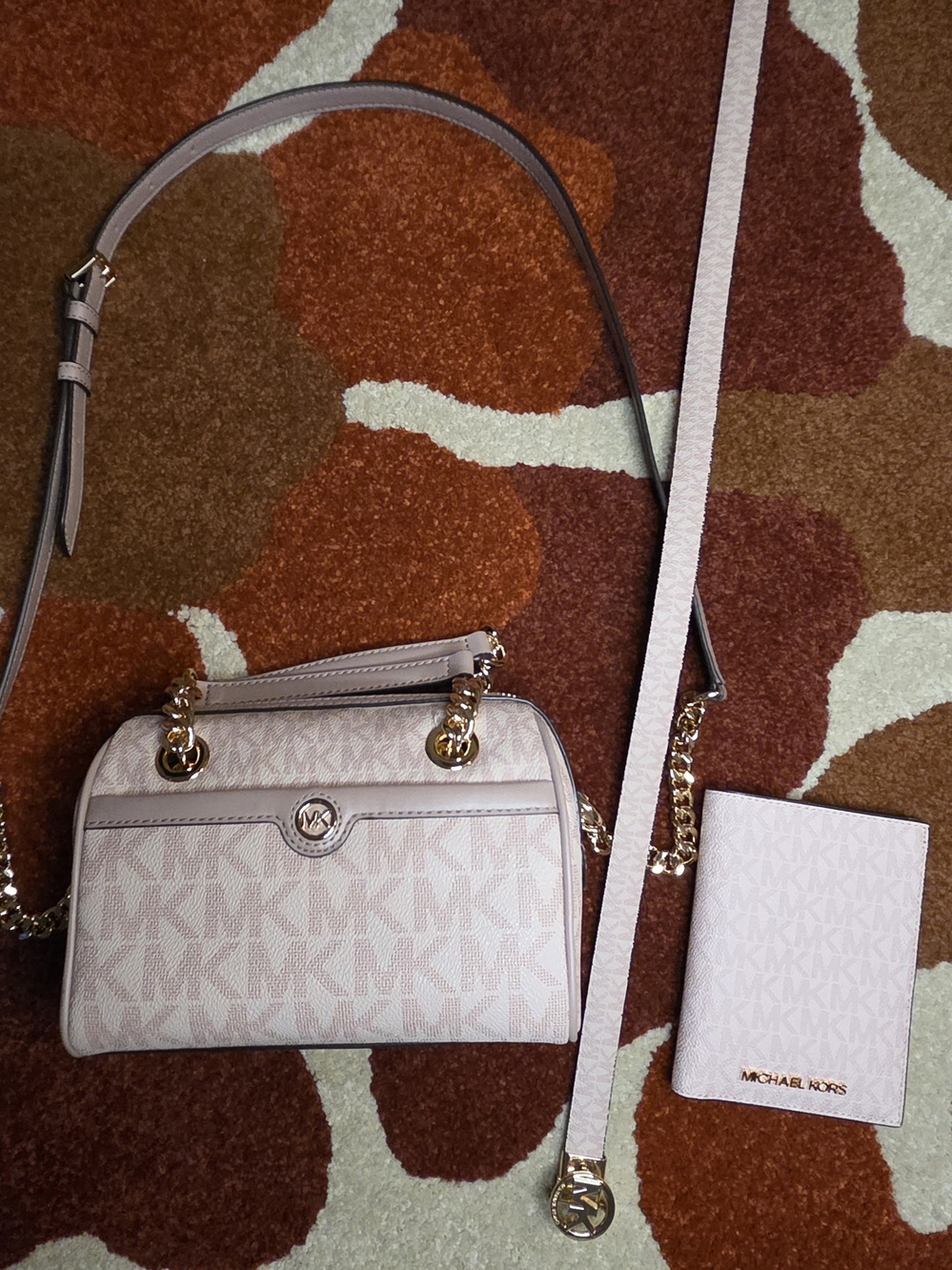 Michael Kors Pale Pink Signature Crossbody with Gold Chain Trim